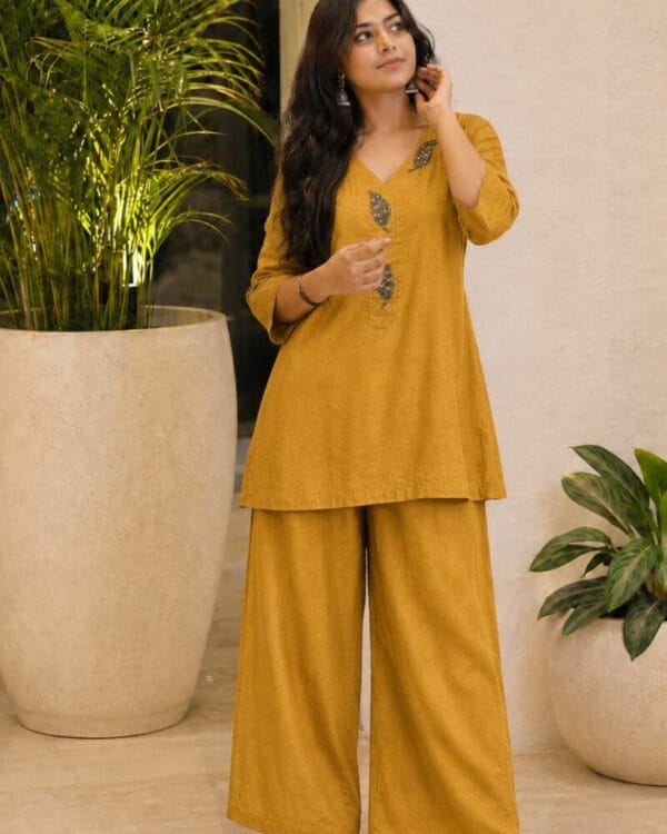 Mustard Embroidered Dola Silk Kurta Pant Set