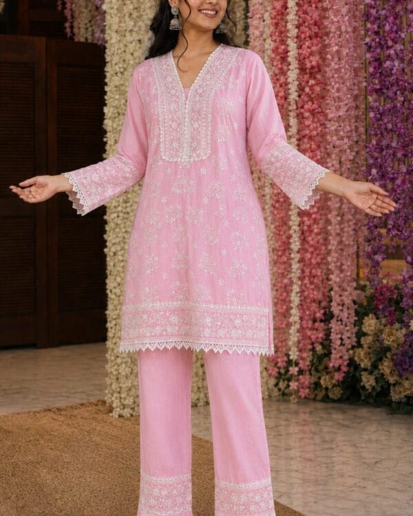 Pink Chikankari Mul Cotton Kurta Pant Set