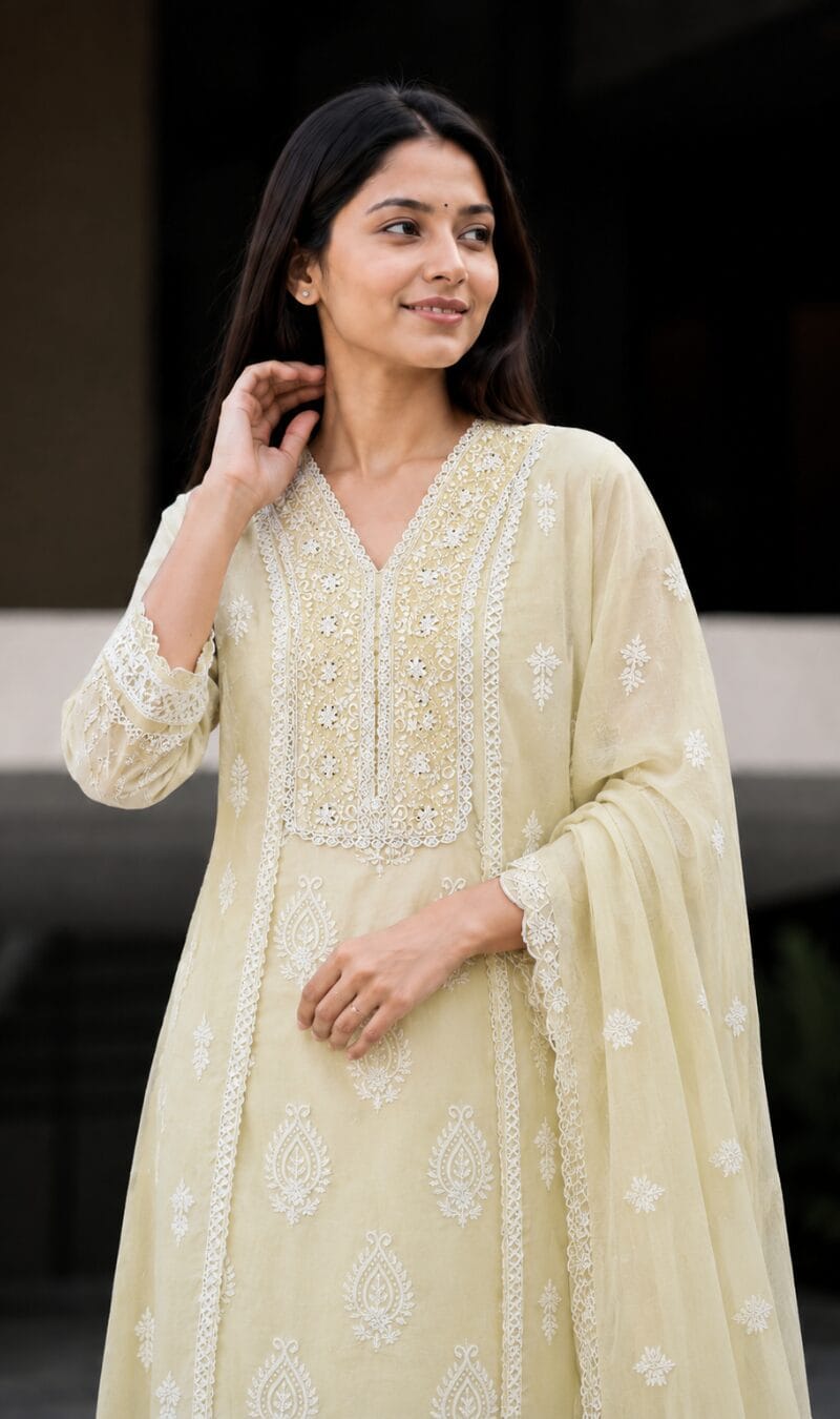 Off-White Chikankari Embroidered Mul Cotton Kurta Pant With Dupatta - Image 2
