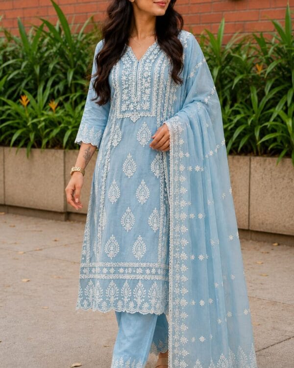 Sky Blue Chikankari Embroidered Mul Cotton Kurta Pant With Dupatta