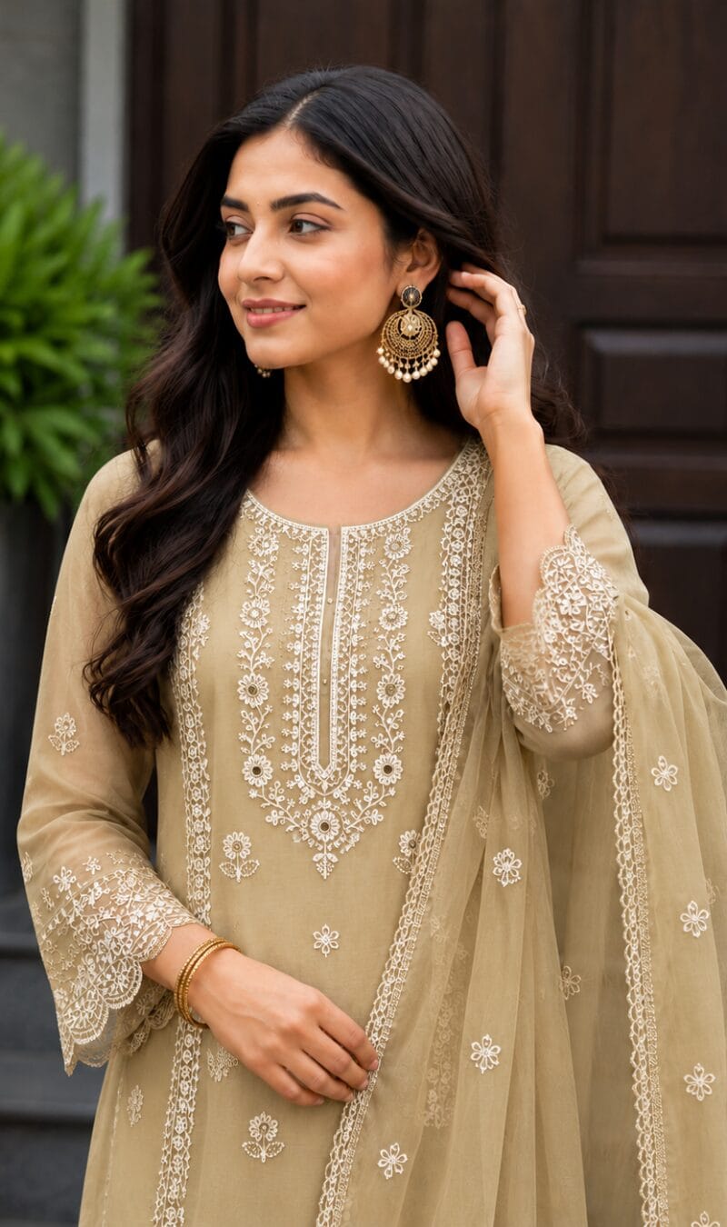 Beige Floral Embroidered Mul Cotton Kurta Pant With Dupatta - Image 2