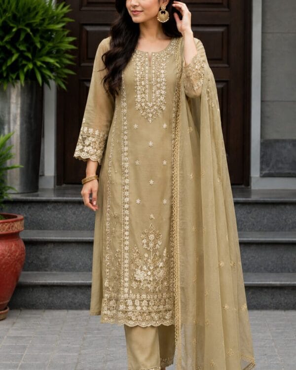 Beige Floral Embroidered Mul Cotton Kurta Pant With Dupatta