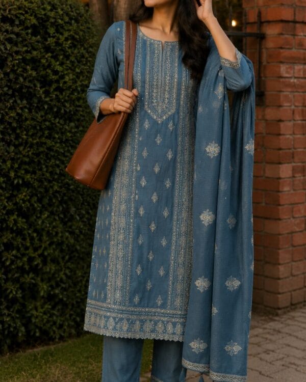 Dusty Blue Embroidered Cotton Kurta Pant and Dupatta