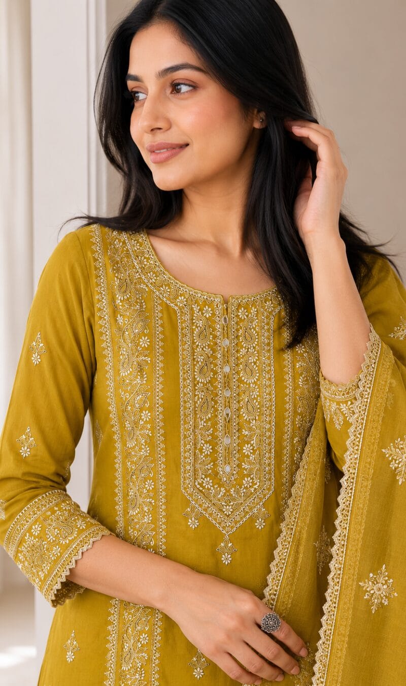 Mustard Embroidered Cotton Kurta Pant and Dupatta - Image 2