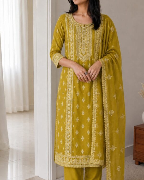 Mustard Embroidered Cotton Kurta Pant and Dupatta