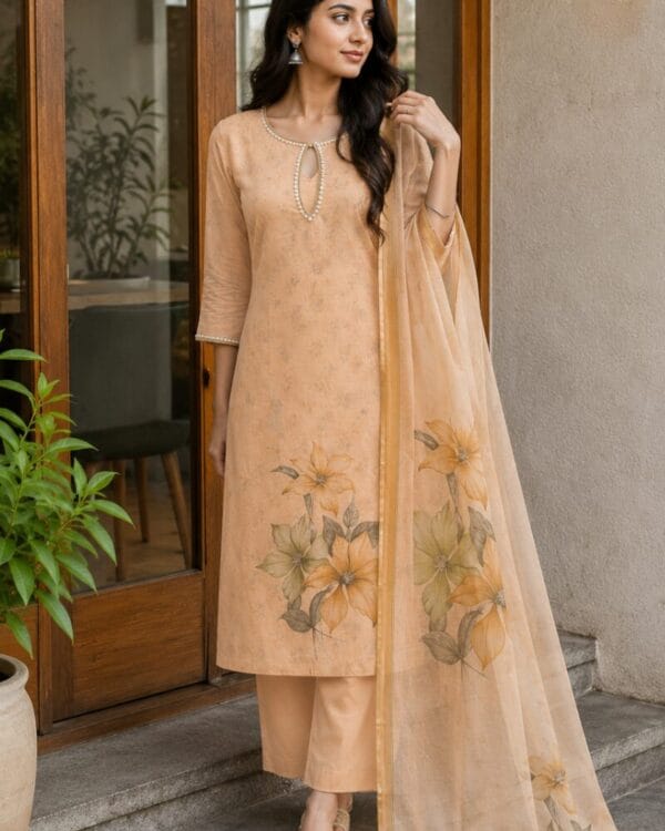 Peach Floral Printed Linen Kurta Pant and Dupatta