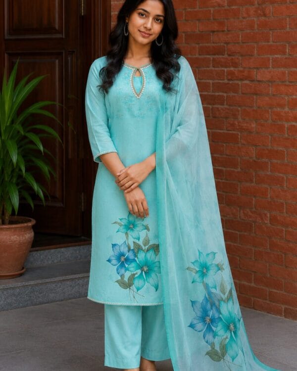 Sky Blue Floral Printed Linen Kurta Pant and Dupatta