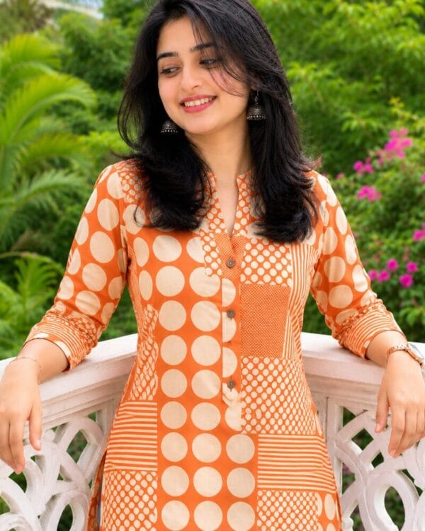 Orange Printed Cotton Short Kurti