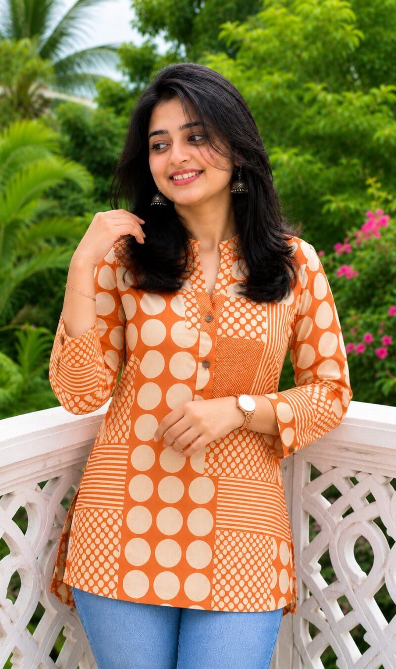 Orange Printed Cotton Short Kurti - Image 2