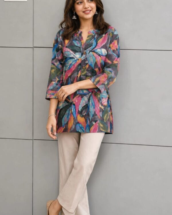 Multicoloured Printed Cotton Short Kurti