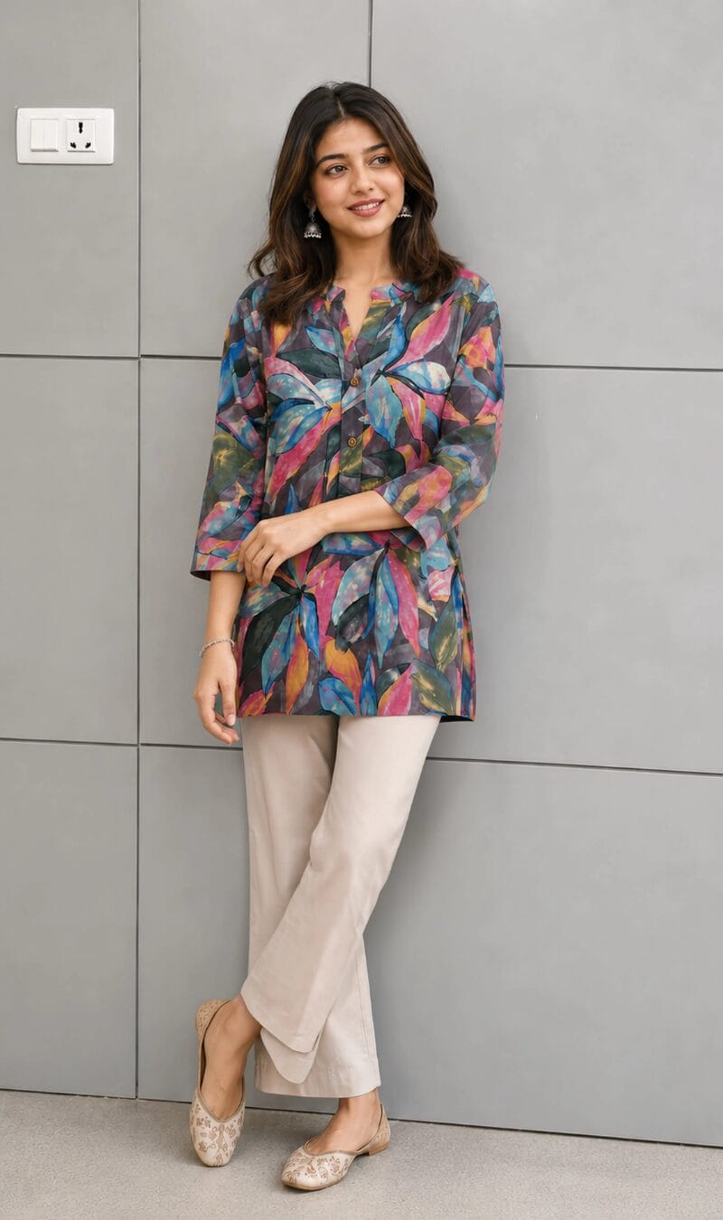 Multicoloured Printed Cotton Short Kurti