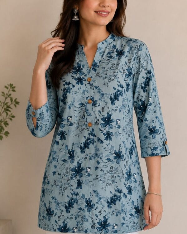 Sky Blue Floral Printed Cotton Short Kurti
