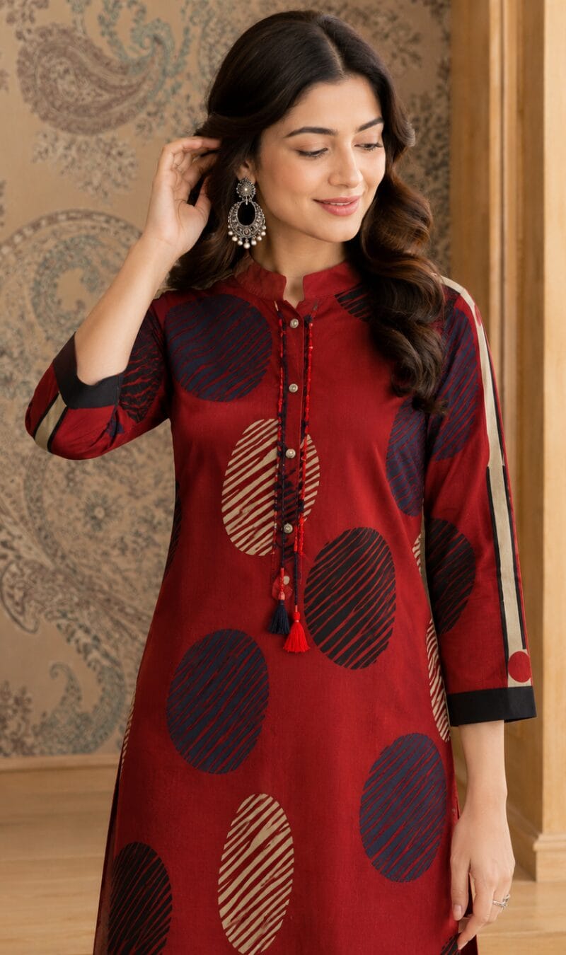 Rust Cotton Geometric Printed Kurta Pant Set - Image 2