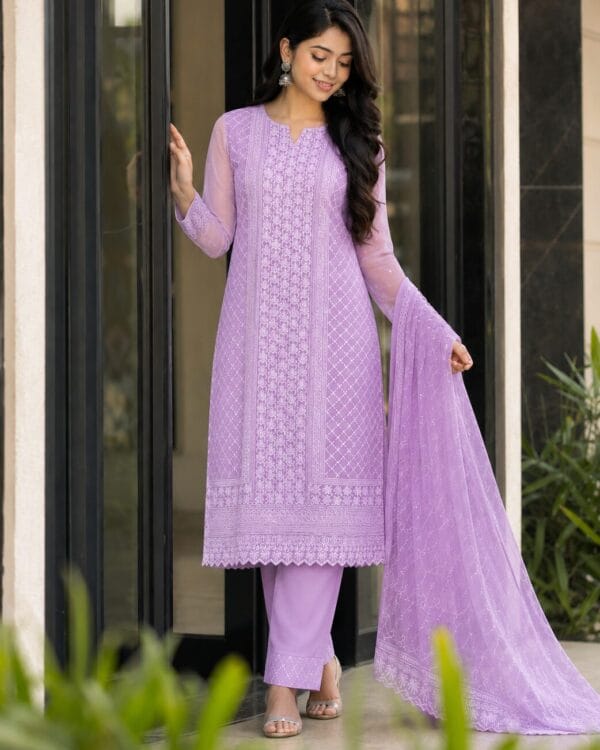 Mauve Chikankari Embroidered Georgette Kurta Pant Set With Dupatta