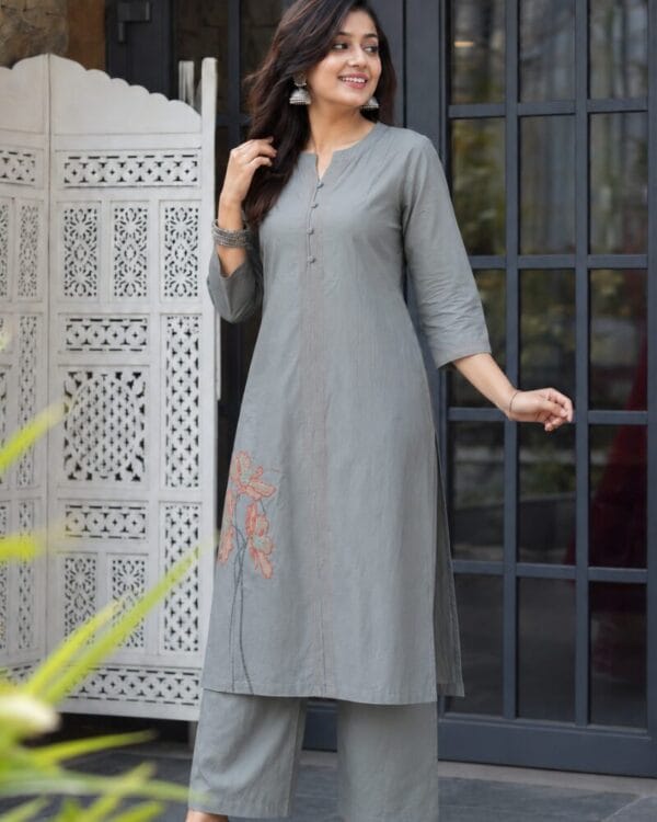 Grey Embroidered Modal Cotton Kurta Pant Set