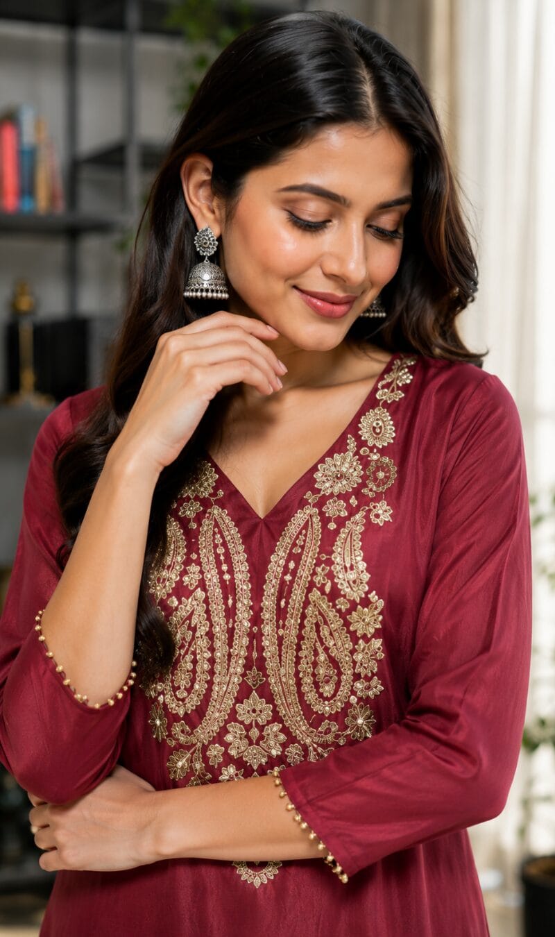 Dusty Pink Embroidered Tissue Fabric Kurta Pant Set - Image 2