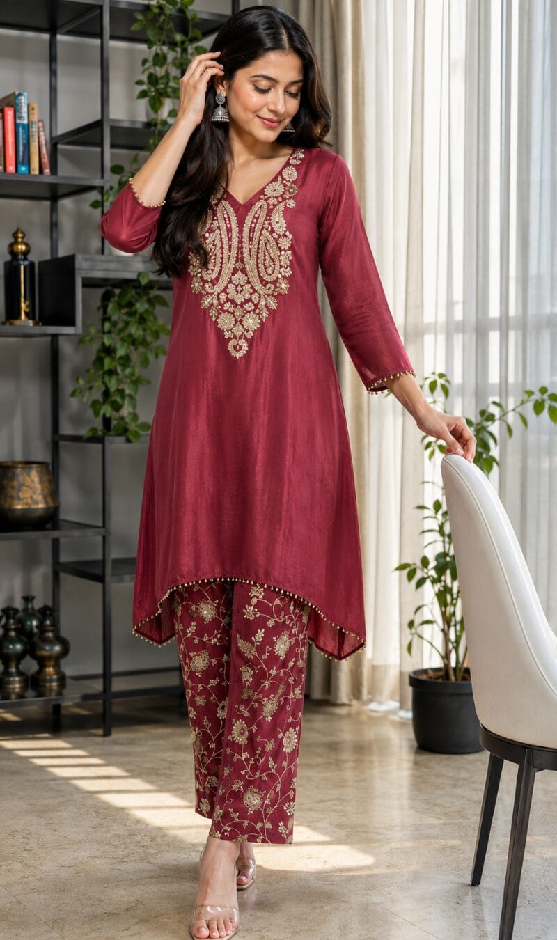 Dusty Pink Embroidered Tissue Fabric Kurta Pant Set