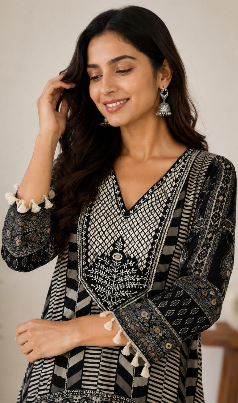 Black Muslin Printed Kurta Pant Set - Image 2
