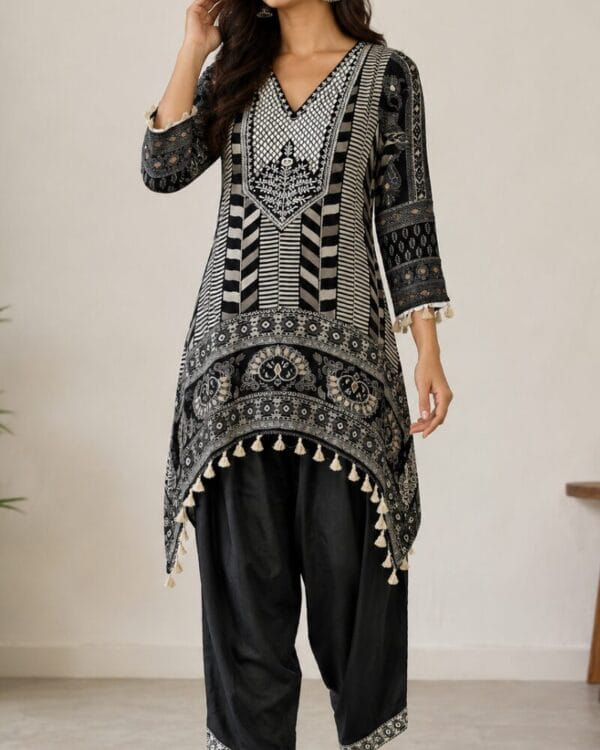 Black Muslin Printed Kurta Pant Set