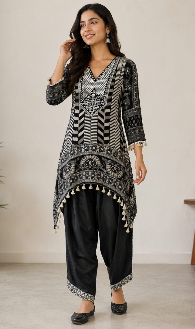 Black Muslin Printed Kurta Pant Set