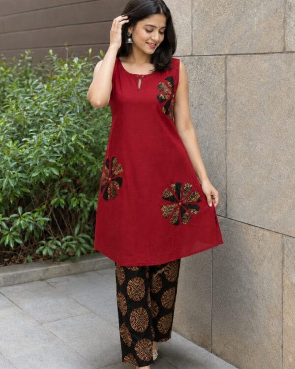 Maroon Cotton With Black Applique Work Kurta Pant Set
