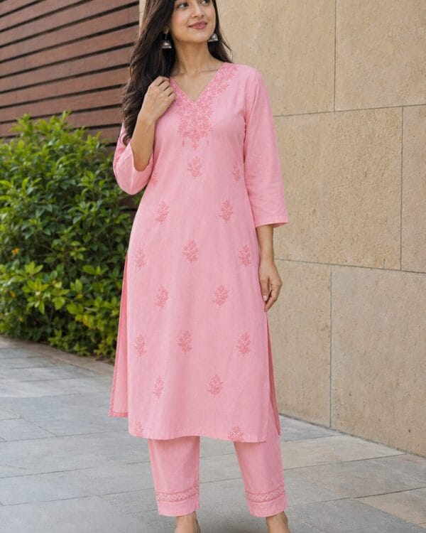 Baby Pink Rayon Embroidered KurtaPant Set