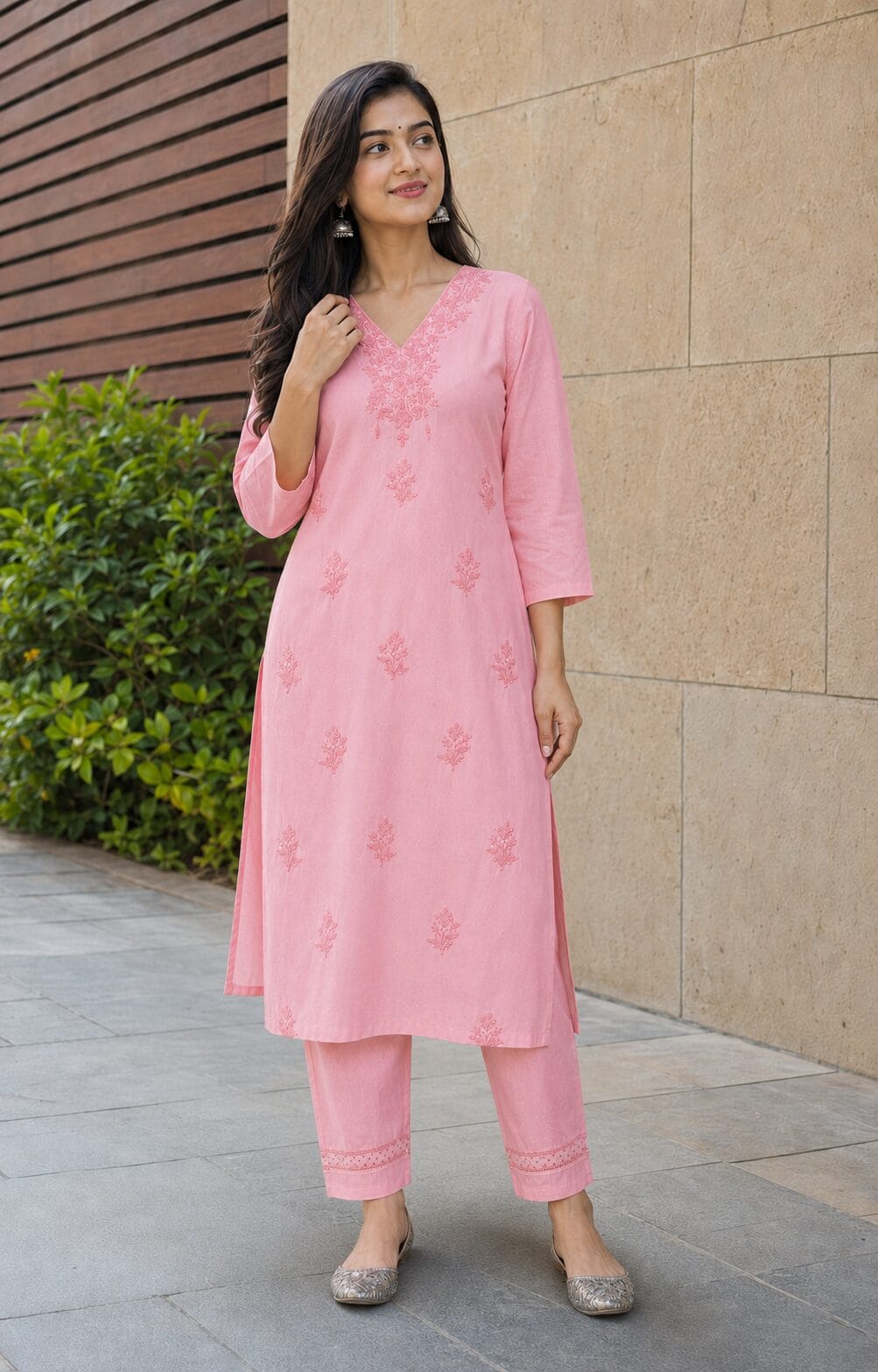 Baby Pink Rayon Embroidered KurtaPant Set