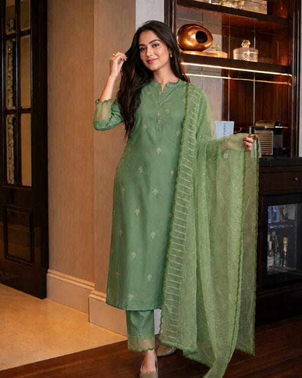 Green Silk Blend Embroidered Kurta Pant and Dupatta Set