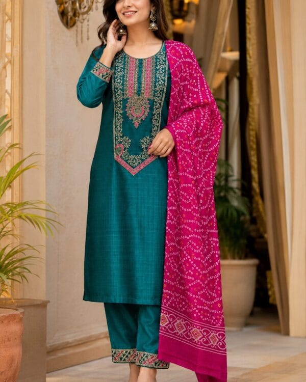 Teal Silk Blend Embroidered Kurta Pant and Dupatta Set