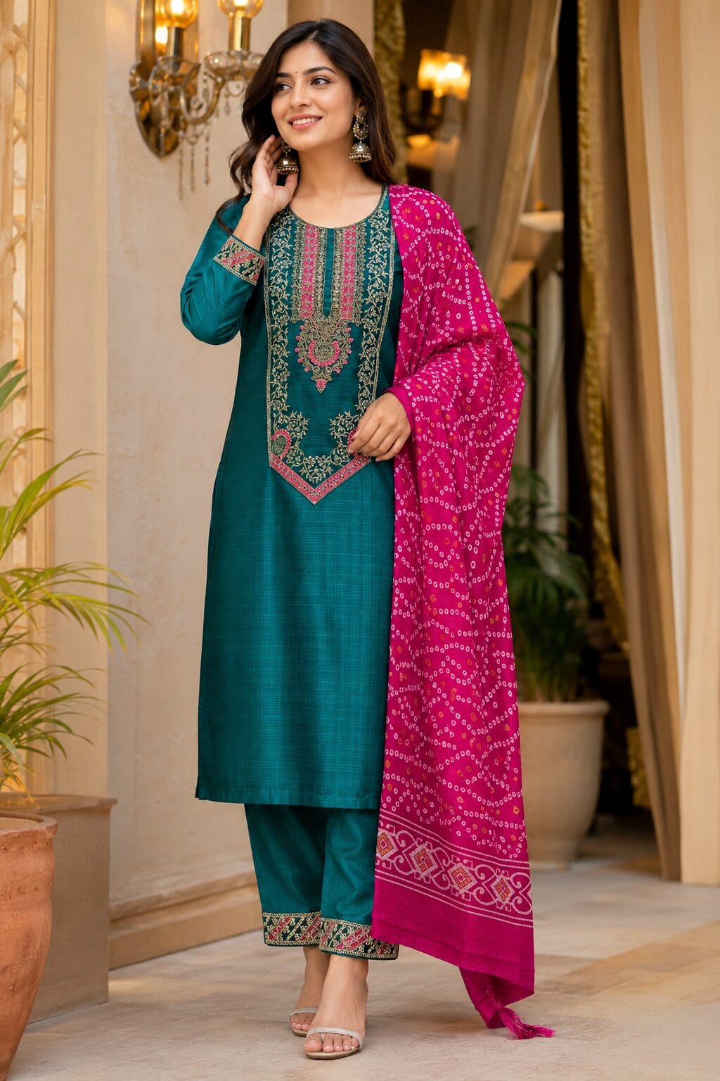 Teal Silk Blend Embroidered Kurta Pant and Dupatta Set