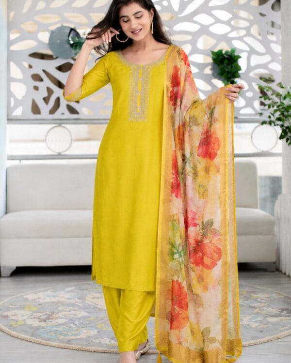 Yellow Cotton Blend Embroidered Kurta Pant and Dupatta Set