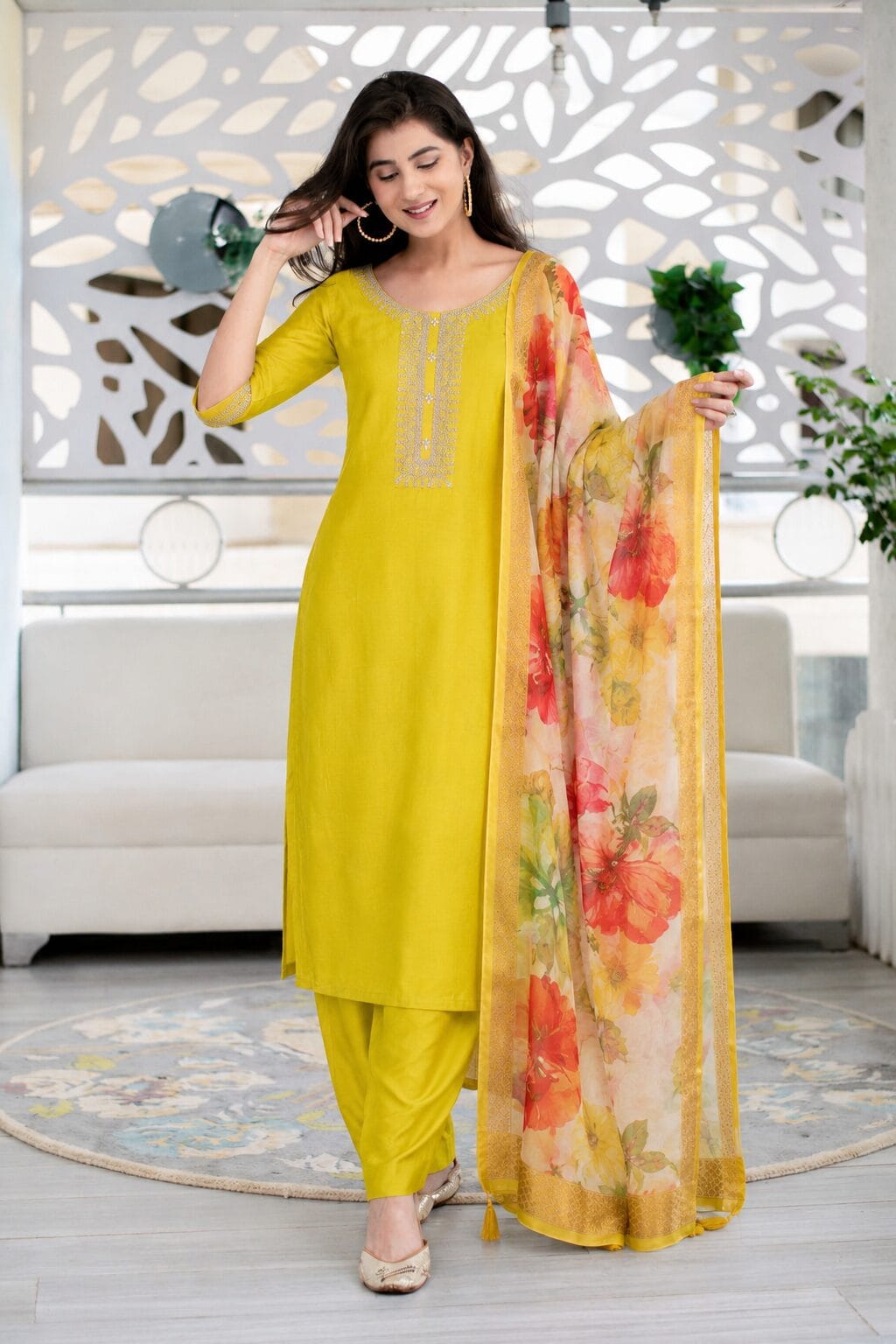 Yellow Cotton Blend Embroidered Kurta Pant and Dupatta Set