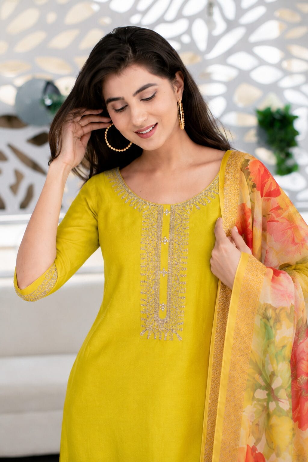 Yellow Cotton Blend Embroidered Kurta Pant and Dupatta Set - Image 2