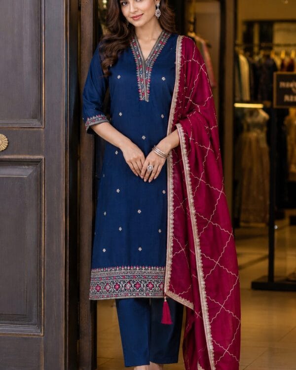 Teal Silk Blend Embroidered Kurta Pant and Dupatta Set