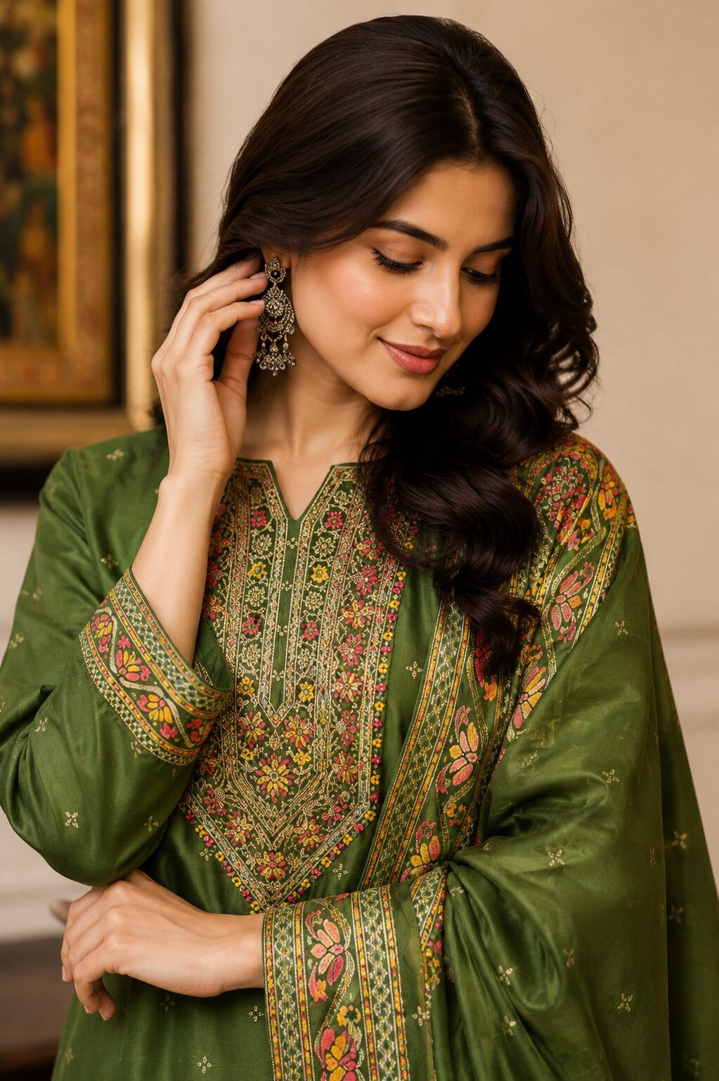 Mehendi Green Cotton Silk Embroidered Kurta Pant and Dupatta Set - Image 2