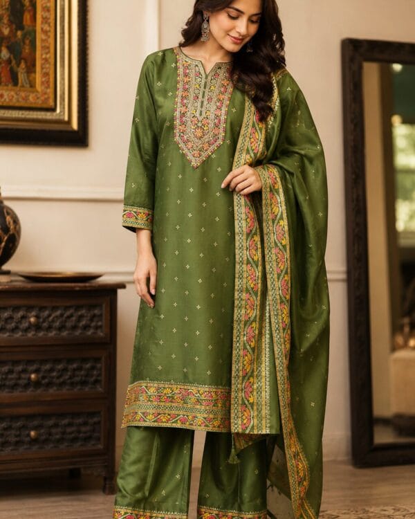 Mehendi Green Cotton Silk Embroidered Kurta Pant and Dupatta Set