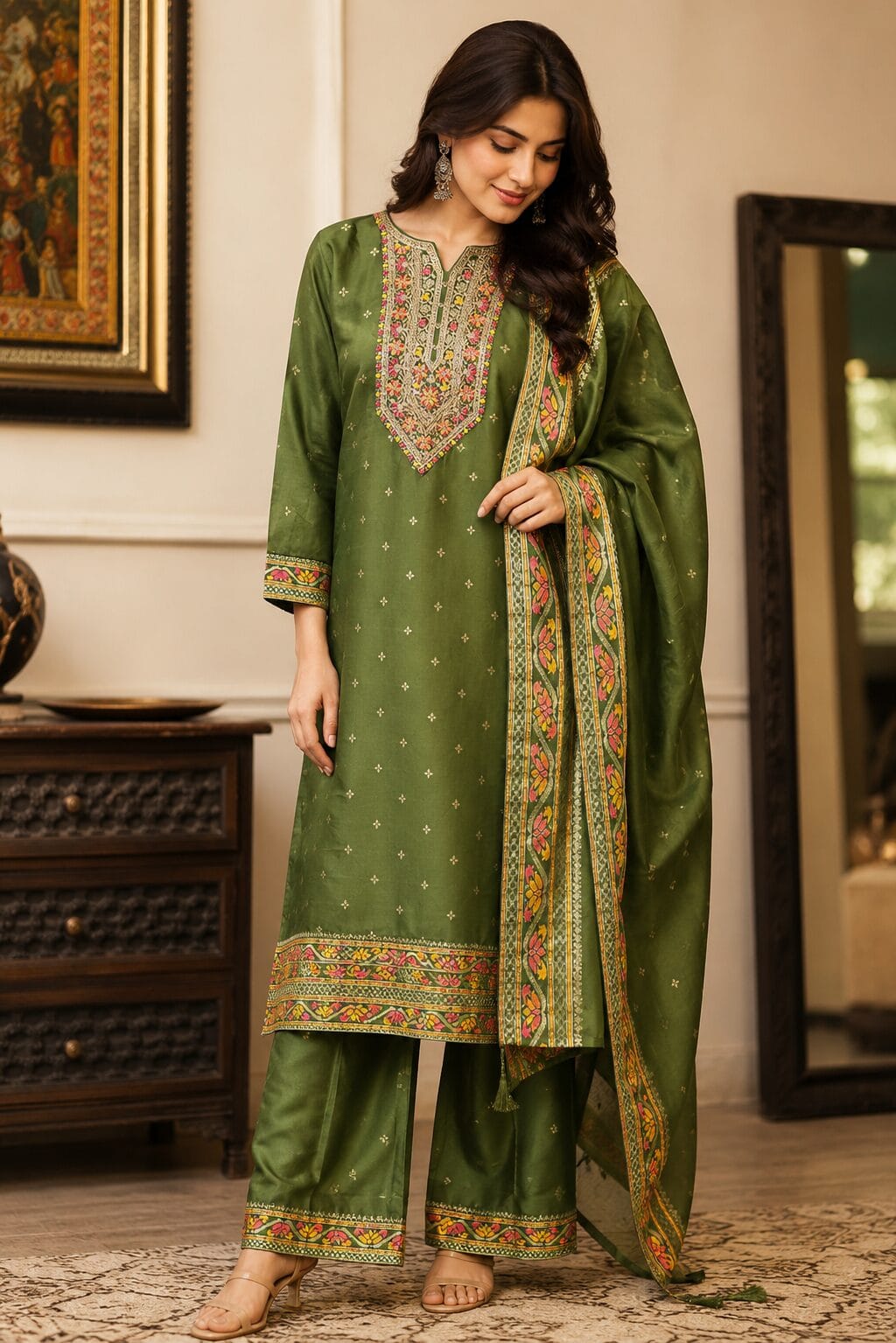 Mehendi Green Cotton Silk Embroidered Kurta Pant and Dupatta Set
