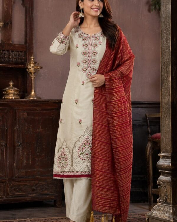 Beige Silk Blend Kurta Pant and Dupatta set