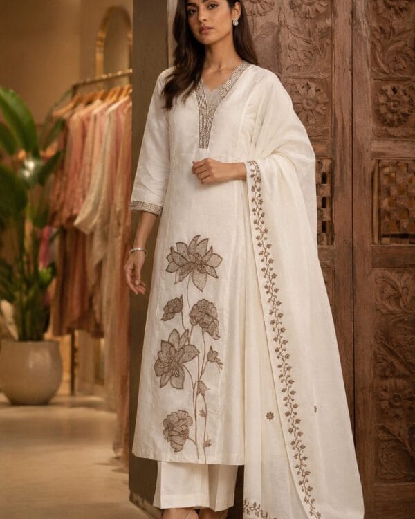 White Silk Blend Embroidered Kurta Pant and Dupatta Set