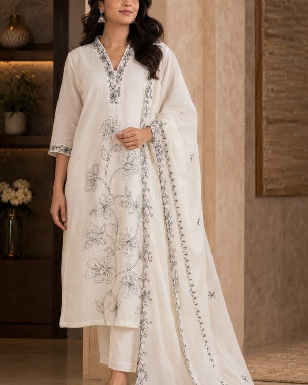 Off White Silk Blend Embroidered Kurta Pant and Dupatta Set