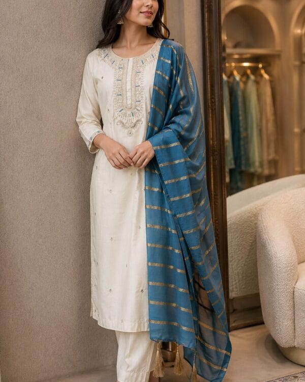 Cream Silk Blend Embroidered Kurta Pant and Dupatta Set