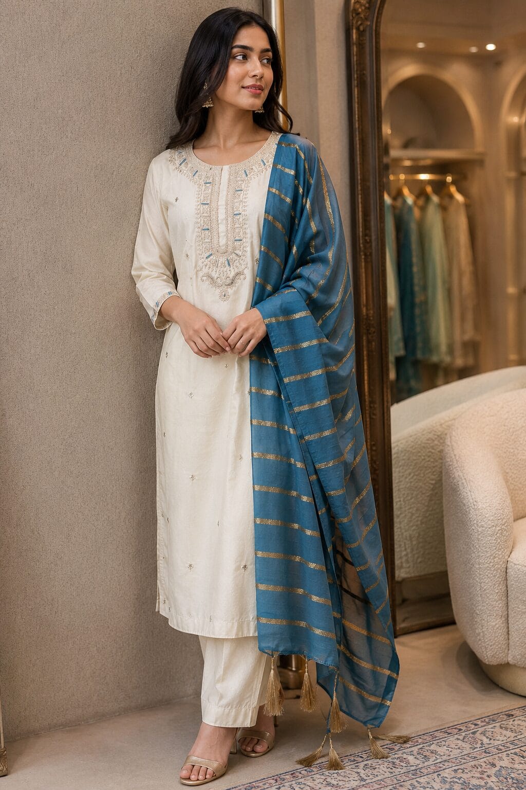 Cream Silk Blend Embroidered Kurta Pant and Dupatta Set