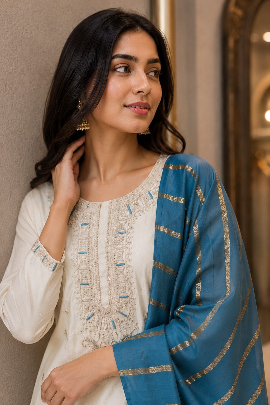 Cream Silk Blend Embroidered Kurta Pant and Dupatta Set - Image 2