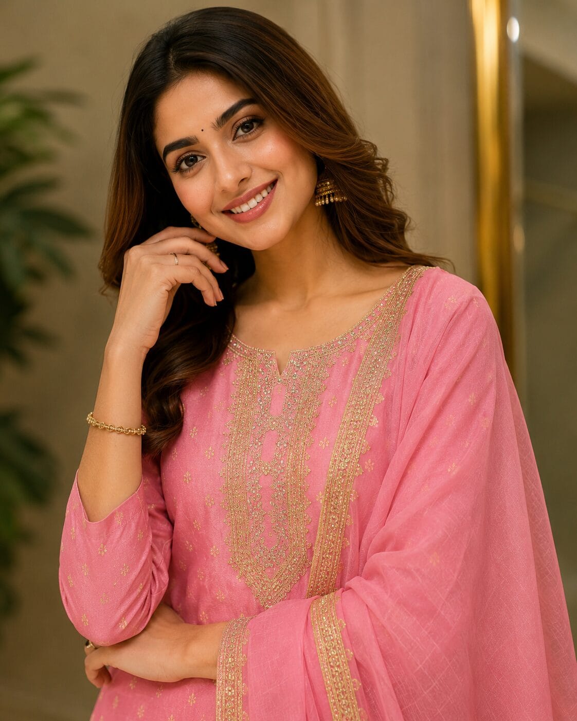 Pink Chanderi Silk Embroidered Kurta Pant and Dupatta Set - Image 2