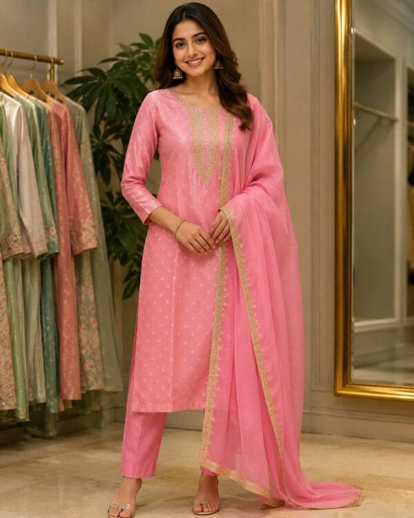 Pink Chanderi Silk Embroidered Kurta Pant and Dupatta Set