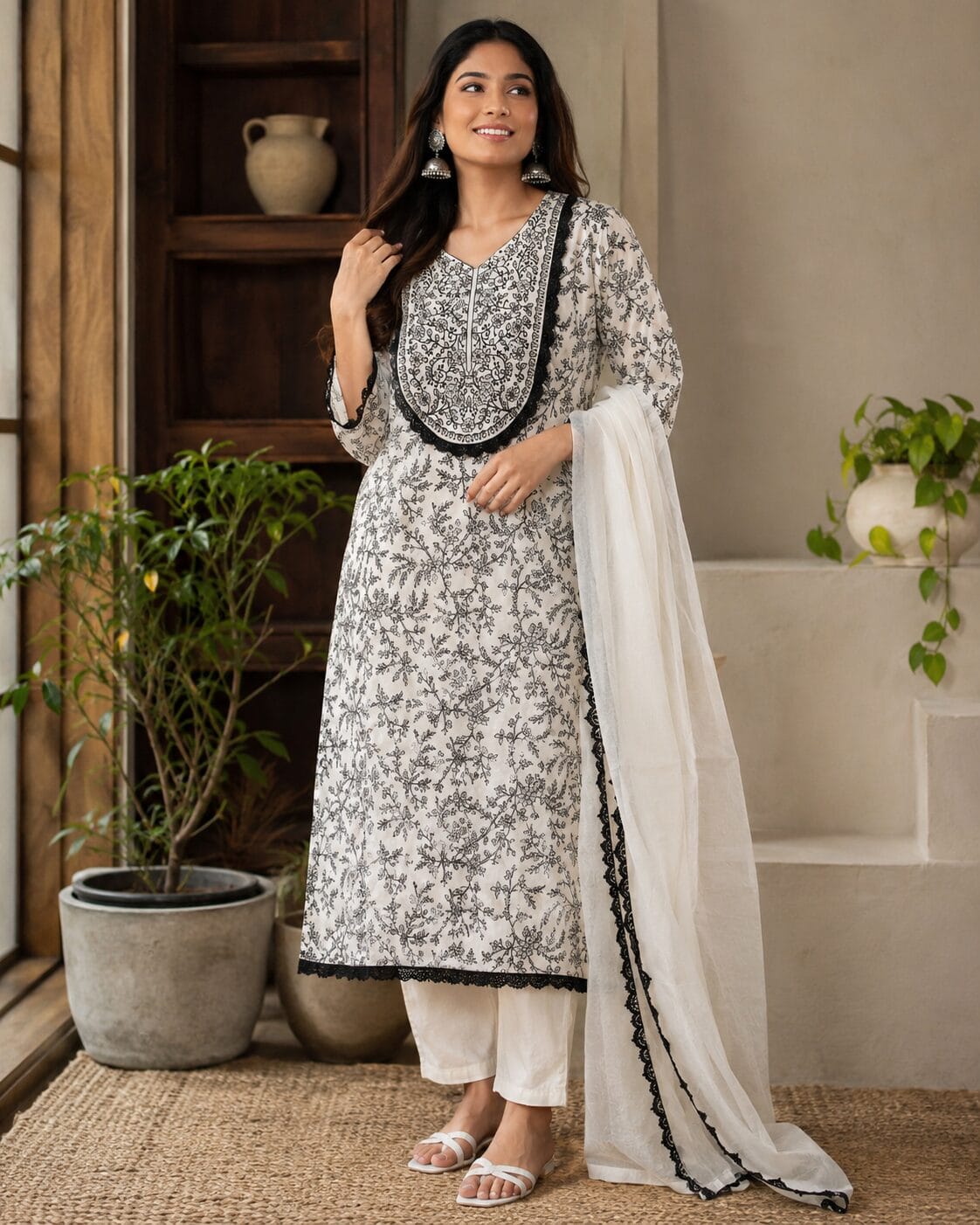 Cream and Black Silk Blend Embroidered Kurta Pant and Dupatta Set
