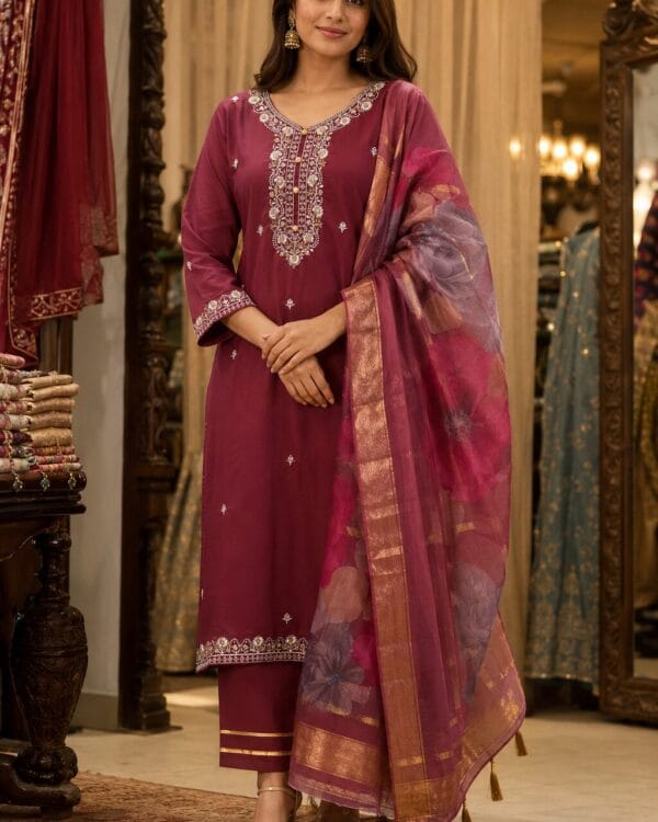 Purple Viscose Roman Silk Embroidered Kurta Pant and Dupatta Set