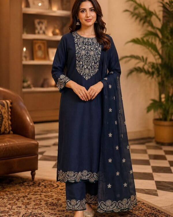 Teal Silk Blend Embroidered Kurta Pant and Dupatta Set