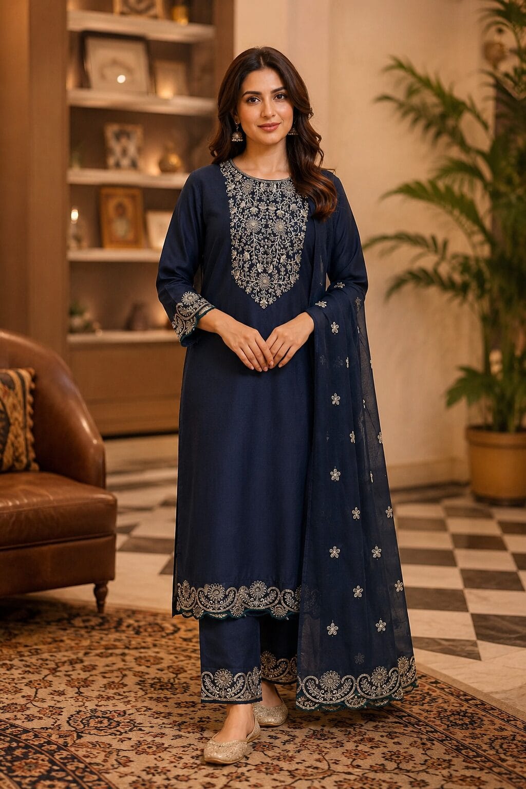 Teal Silk Blend Embroidered Kurta Pant and Dupatta Set