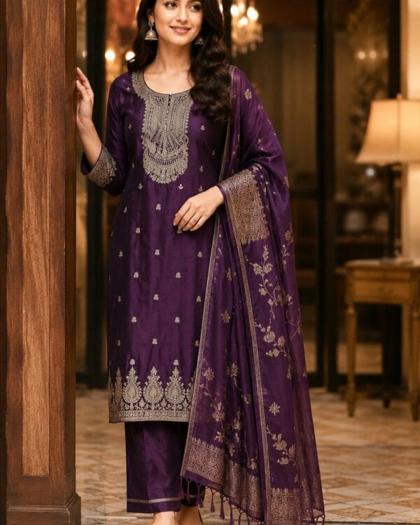 Wine Cotton Silk Blend Kurta Pant and Dupatta Set